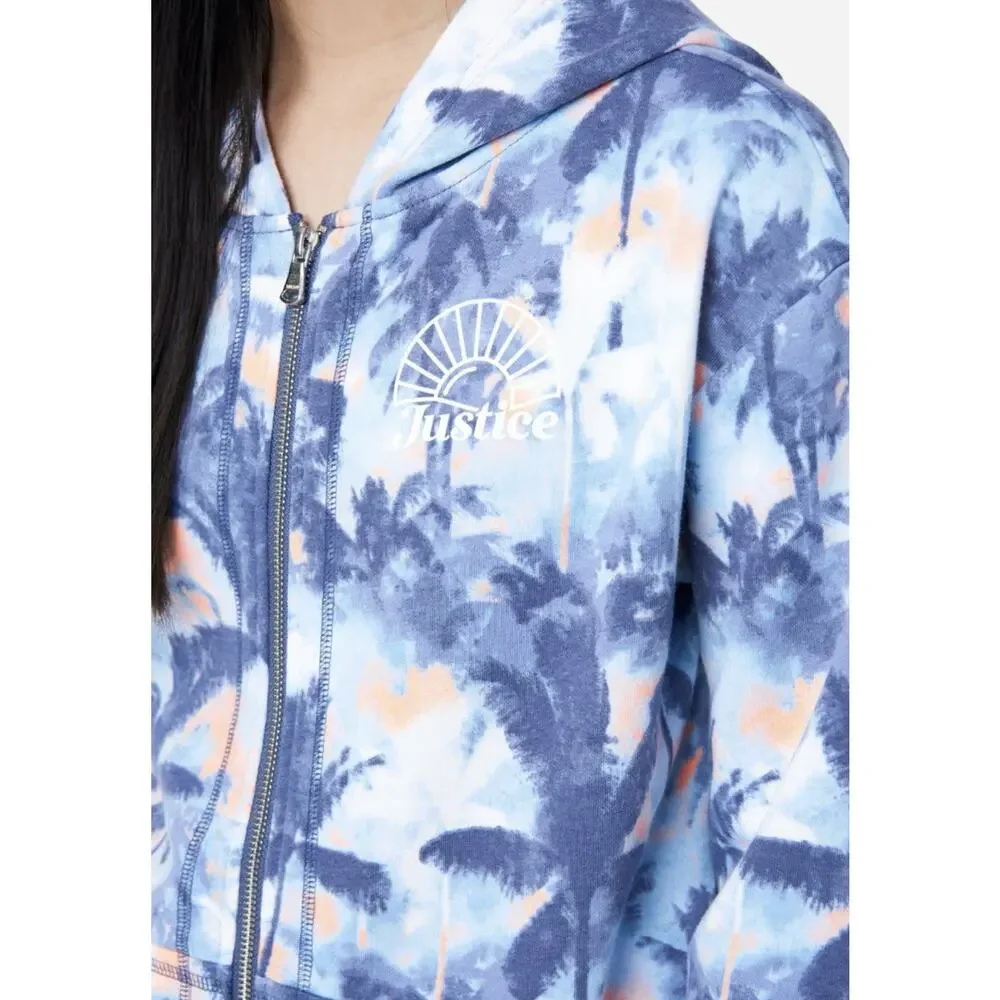 Justice Blue Palm Trees Sunsets Fleece Full Zip Up Hoodie Jacket Size L 12/14